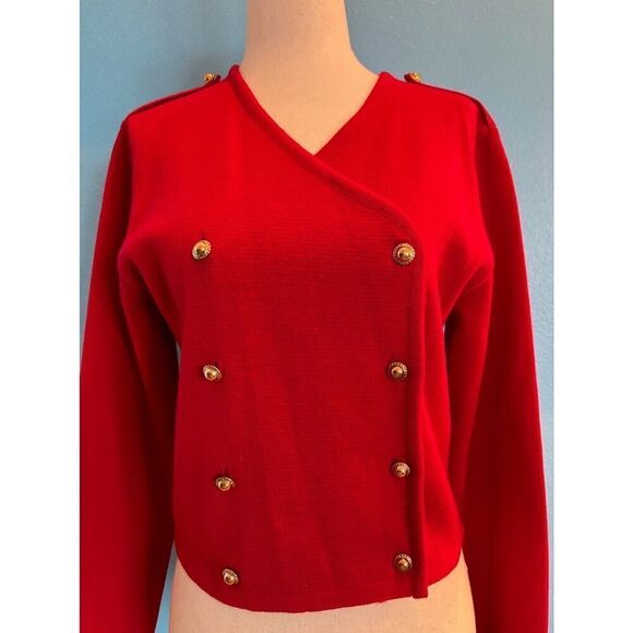 Vintage Great Britain JAEGER RED DB Cardigan Sweater Jacket Epaulettes Wool XS S - Picture 2 of 8